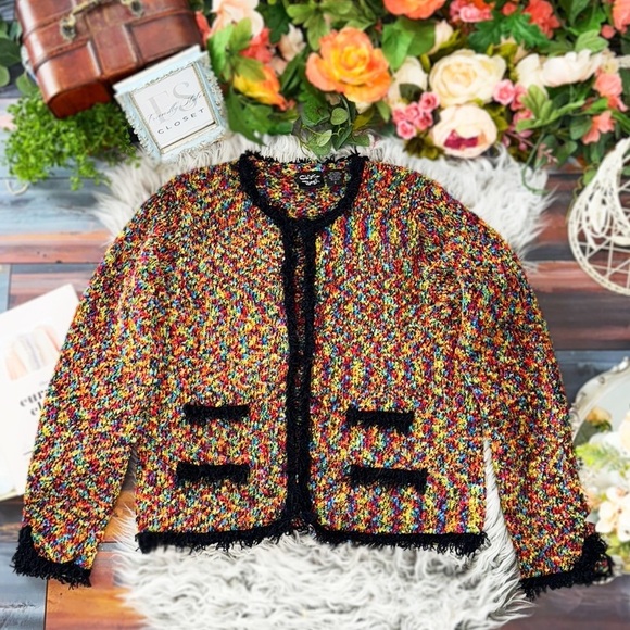 Christine Rotelli Multicolor Boucle Knit Fringe Trim Sweater Artistic Designer - Picture 5 of 10